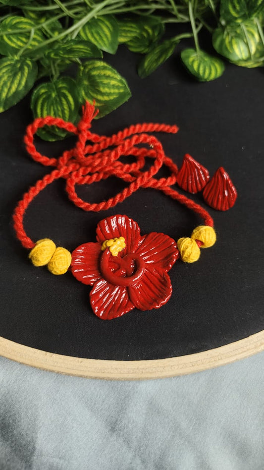 Handcrafted Hibiscus Clay Necklace Set – Red & Yellow