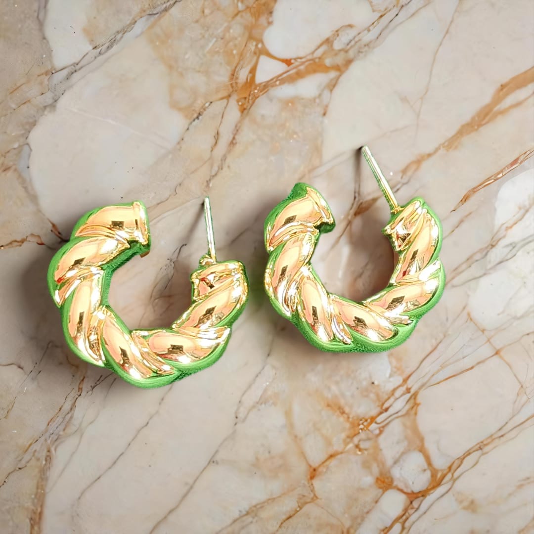 Twisted Gold Hoop Earrings with Green Enamel Edge – Bold & Chic Design