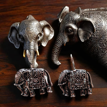 Vintage Elephant Charm Dangle Earrings – Boho Tribal Silver Toned