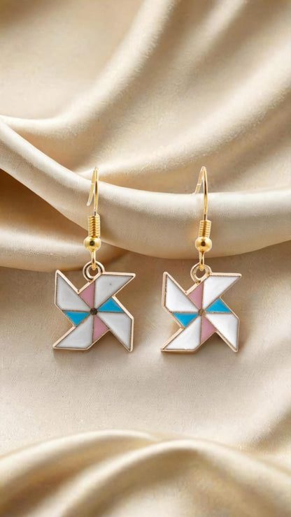 Pastel Pinwheel Drop Earrings – Enamel Charm with Gold Hook