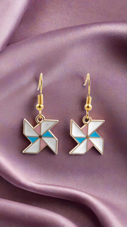 Pastel Pinwheel Drop Earrings – Enamel Charm with Gold Hook