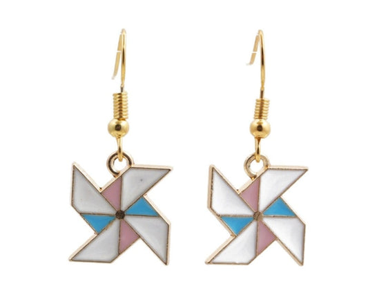 Pastel Pinwheel Drop Earrings – Enamel Charm with Gold Hook