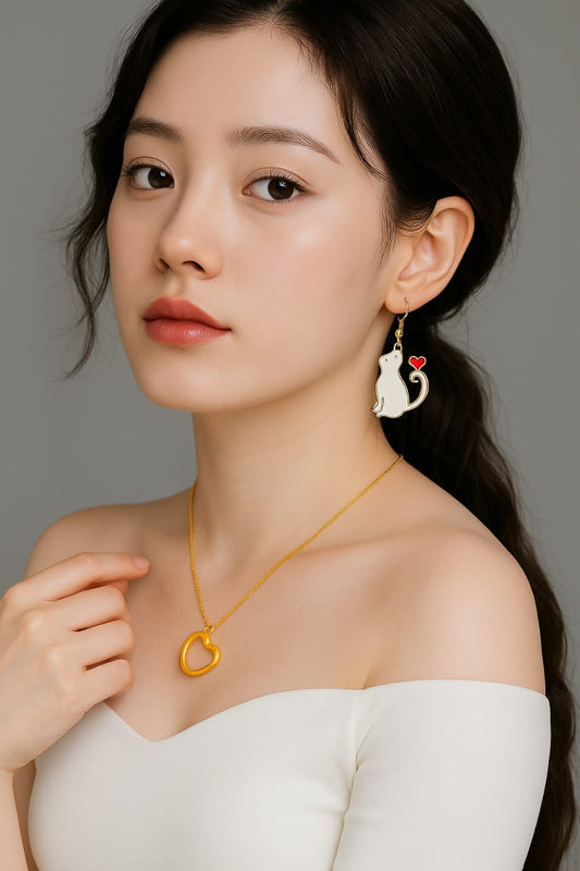 Charming Cat & Heart Tail Drop Earrings – Enamel Love Kitty Design