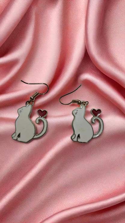 Charming Cat & Heart Tail Drop Earrings – Enamel Love Kitty Design